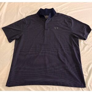 under armour performance navy blue and white stripe golf polo tee shirt